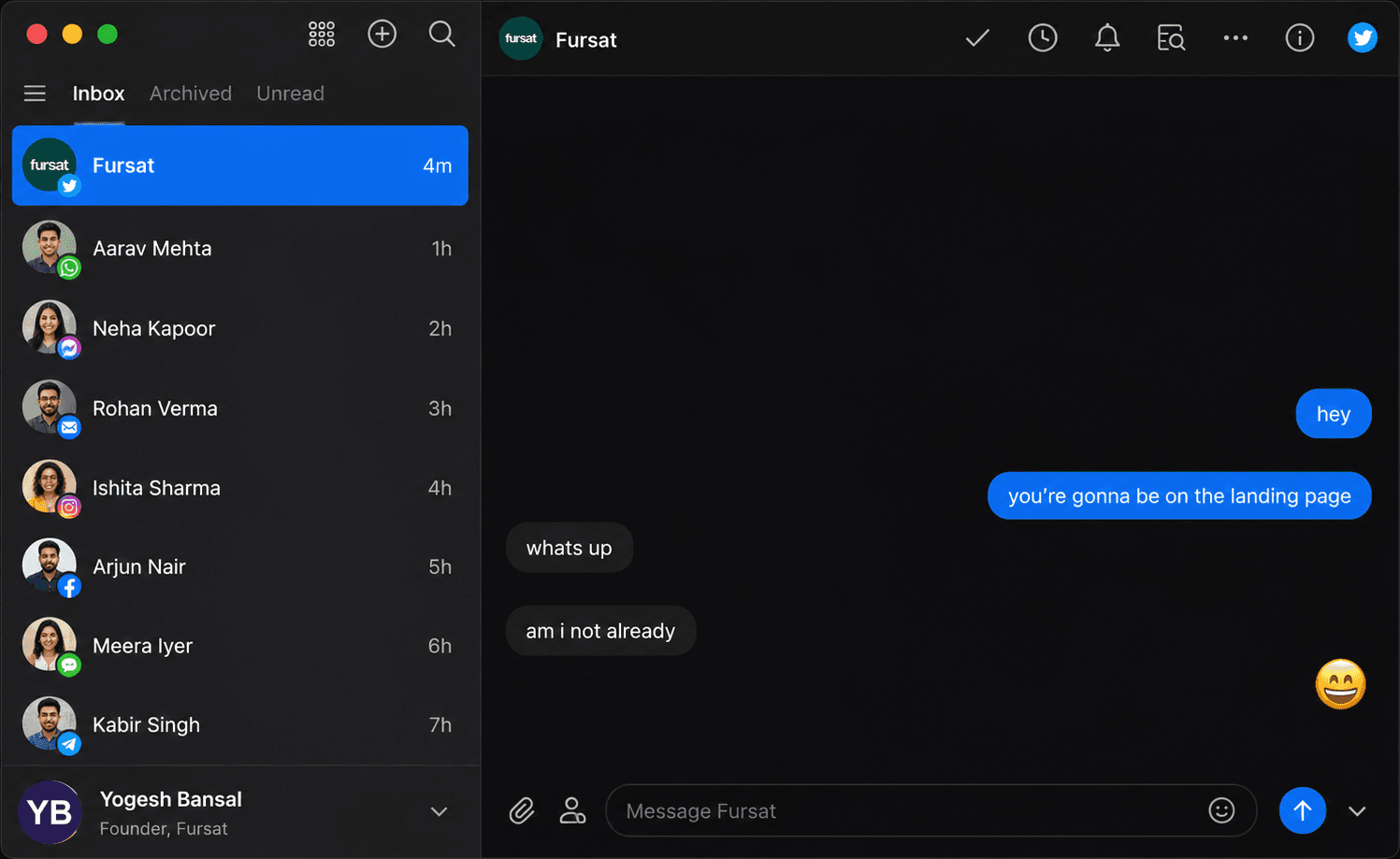 fursat inbox: guest conversations across WhatsApp, Messenger, email, Instagram, Facebook, and Telegram in one thread view